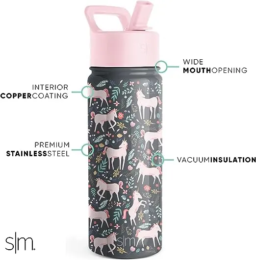 Simple Modern Kids Water Bottle with Straw Lid | Insulated Stainless Steel Reusable Tumbler for Toddlers, Girls | Summit | 18oz, Unicorn Fields