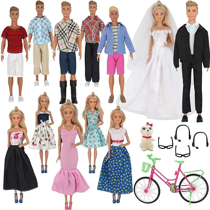 33Pcs Doll Clothes and Accessories for 12 Inch Boy and Girl Doll, Includes 20 Wear Clothes Shirt Jeans Suit and Wedding Dresses, Glasses Earphones Dog and Bike for 12'' Boy Girl Doll