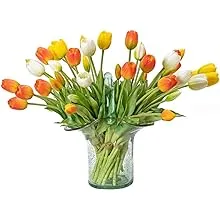  15pcs Artificial Tulips Flowers, Real Touch Latex Bouquet, 40pcs Orange Suit