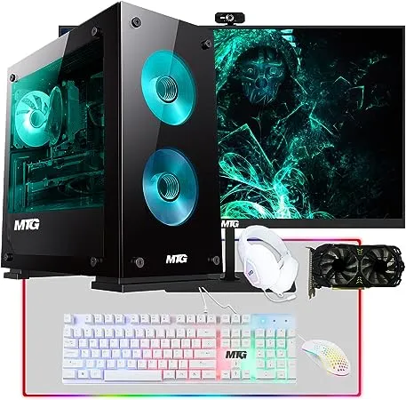 MTG Aurora 4T Gaming Tower PC- Intel Core i7 4th Gen, AMD RX 580 GDDR5 8GB 256bits Graphic, 16GB Ram, 512GB Nvme, New MTG 27 Inch Monitor, RGB Keyboard Mouse, Headphone, Webcam, Win 10