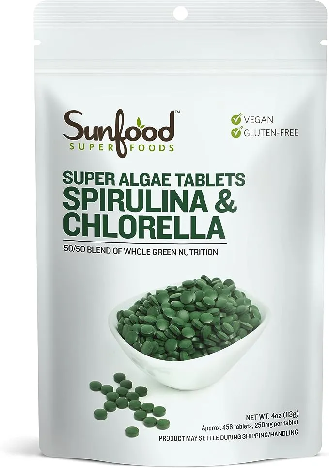 Sunfood Raw Spirulina Chlorella Tablets, 50/50 Blend, Chlorophyll Rich, Broken Cell Wall, Blue Green Algae Superfood, Vegan, Organic & Non GMO, 100% Pure, 2 oz Bag, 228 Tablets/Bag, 250 mg/Tablet