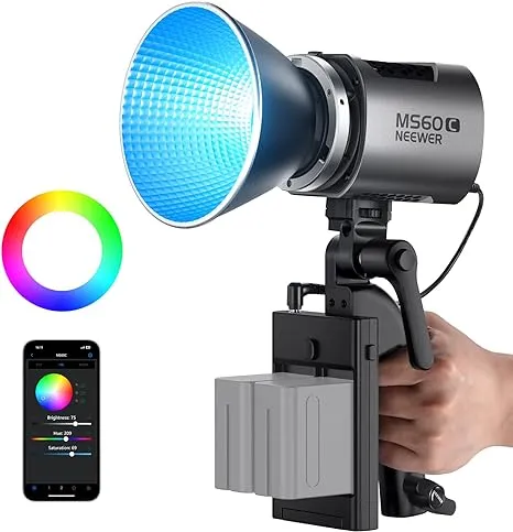 NEEWER MS60C RGBWW LED Video Light with 2.4G/APP Control, 65W Metal Mini RGB COB Continuous Output Lighting Bowens Mount Handheld Spotlight 2700K-6500K,8300lux/1m, CRI 97+/TLCI 98+,17 Effects + RGBCW