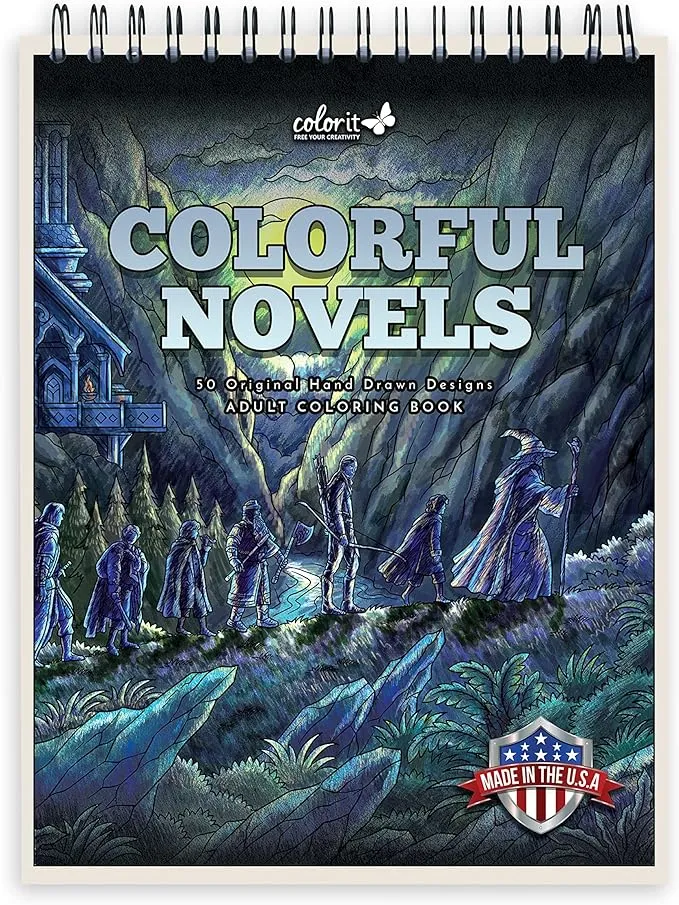 ColorIt Colorful Novels Adult Coloring Book to Relieve Stress, 50 Original Drawings from Classic Books, Spiral Binding, Perforated Pages, USA Printed, Lay Flat Hardback Book Cover, Ink Blotter Paper