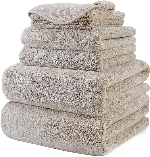 POLYTE Oversize, 60 x 30 in., Quick Dry Lint Free Microfiber Bath Towel Set, 6 Piece (Beige)