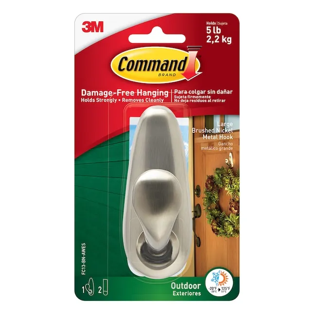 Command Outdoor Hook, Large, Brushed Nickel, 1 Wall Hook, 2 Strips/Pack