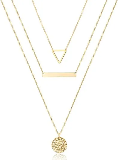 Turandoss Dainty Layered Choker Necklace, Handmade 14K Gold Plated Y Pendant Necklace Multilayer Bar Disc Necklace Adjustable Layering Choker Necklaces for Women