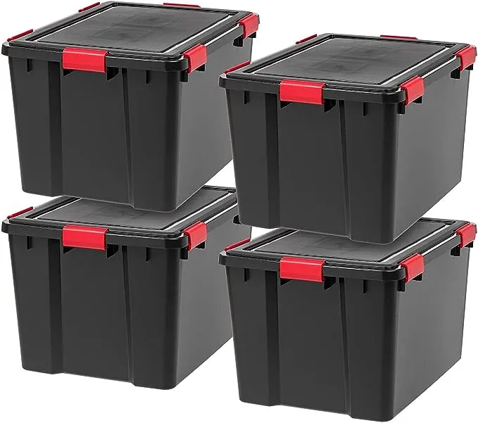 IRIS 74 Quart WeatherPro™ Plastic Storage Bin Tote Organizing Container with Durable Lid and Seal and Secure Latching Buckles, 4 Pack