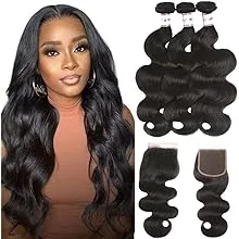 Karbalu 10A Brazilian Human Hair Body Wave 3 Bundles with Lace Closure 4x4 Free Part 100% Unprocessed Remy Human Hair Bundles with Closure Wet and Wavy Double Weft Natural Color (14 16 18+12)