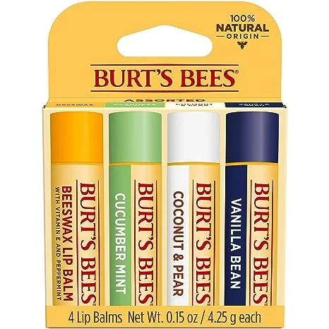 Burt's Bees Lip Balm, Moisturizing Lip Care, 100% Natural, Sweet Sorbet - Original Beeswax, Cucumber Mint, Coconut & Pear, Vanilla (4 Pack)