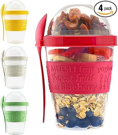 20 oz Overnight Oats Container with Lid, Set of 4 Crunch Cups to Go, Portable Pa