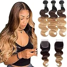 Shining Girl 12A Ombre Body Wave Bundles with Closure Brazilian Virgin Remy 100% Human Hair Ombre 3 Tone T1B/4/27 Color Human Hair Extensions 3