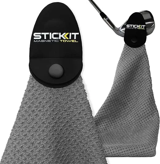 STICKIT Magnetic Towel, Gray | Top-Tier Microfiber Golf Towel with Deep Waffle Pockets | Industrial Strength Magnet for Strong Hold to Golf Carts or Clubs