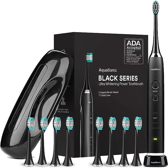 Aquasonic Black Series Ultra Whitening Toothbrush – ADA Accepted Power Toothbrush - 8 Brush Heads & Travel Case – 40,000 VPM Electric Motor & Wireless Charging - 4 Modes w Smart Timer