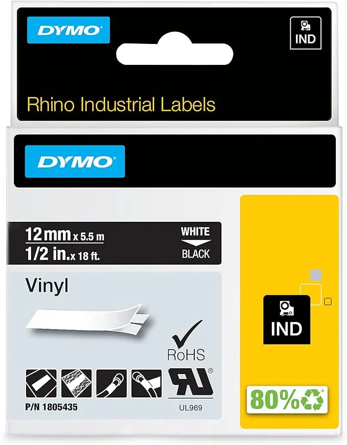 DYMO Rhino Industrial 1805435 Vinyl Label Maker Tape, 1/2" x 18', White on Black (1805435)