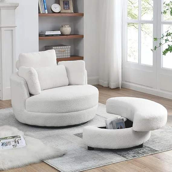 Jaylann 39 Inches Wide Swivel Barrel Chair and Ottoman Orren Ellis Fabric: White ...