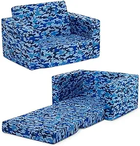 Delta Children Cozee Flip-Out Chair - 2-in-1 Convertible Chair to Lounger for Kids, Blue Camo