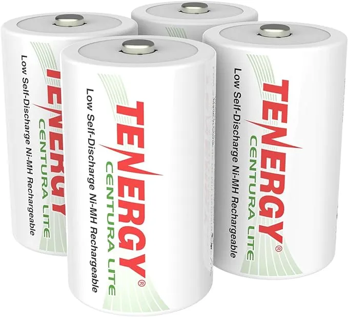 Tenergy Centura Lite 1.2V NiMH Rechargeable D Battery, 3000mAh Low Self Discharge D Cell Batteries, Pre-Charged D Size Battery, UL Certified, 4 PackTenergy Centura Lite 1.2V NiMH Rechargeable D Battery, 3000mAh Low Self Discharge D Cell Batteries, Pre-Ch