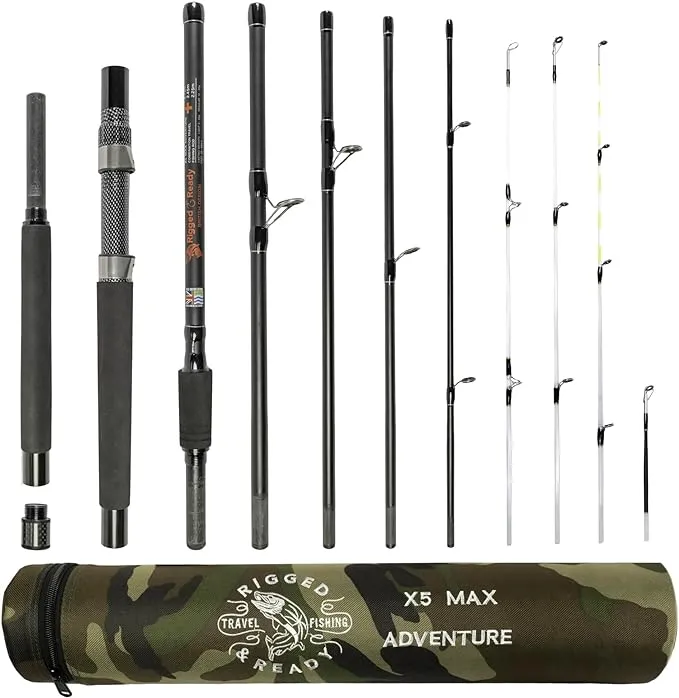 Rigged & Ready X5 Series Travel Fishing Rods Spin-Fly - X5 Rod & 2 Reels Combination, X5 Rod, or X5 Max - Super Compact, Multi-Functional Rods, 4 Tips, 5 Techniques-1 Fishing Rod.