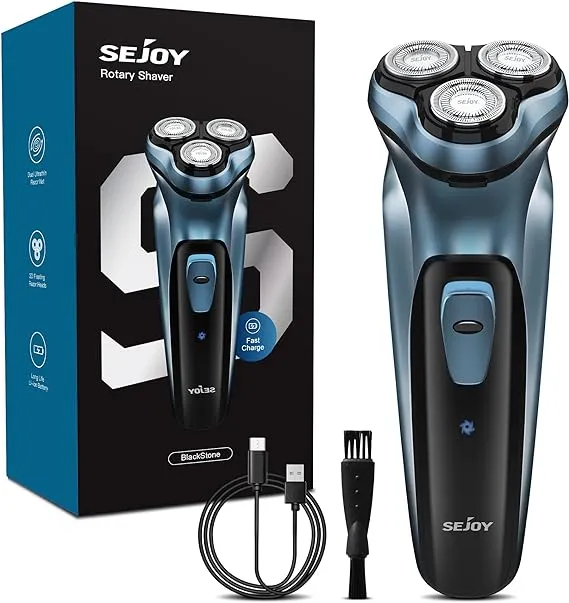 Sejoy Men's Electric Shaver Razor for Men Face,Beard Trimmer,Portable Electric Rotary Shaver, 2 in 1 3 Head 4D Cordless Rechargeable,with Pop-Up Trimmer, Washable,Use for Home Travel,Blue