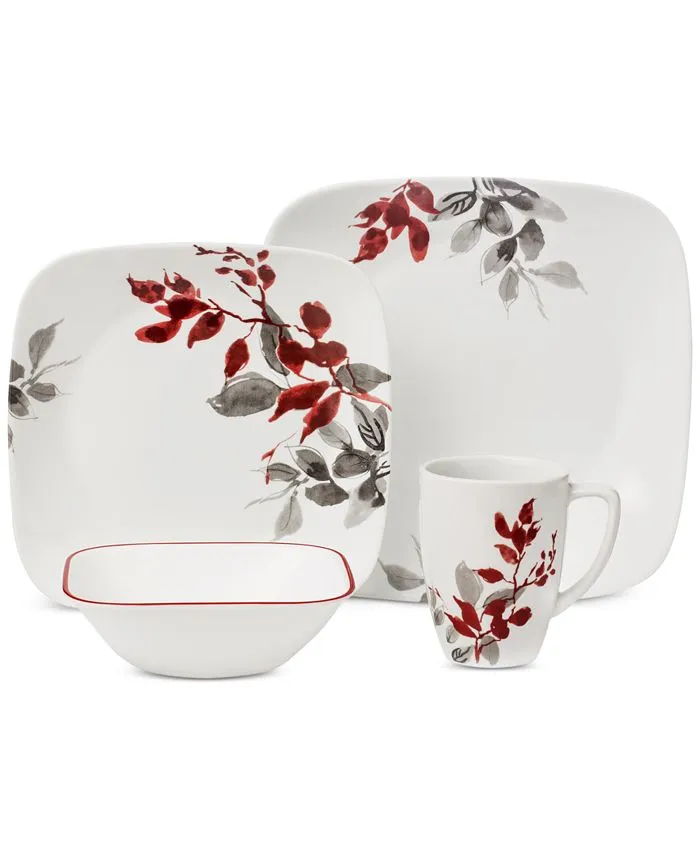 Corelle Boutique Square Kyoto Leaves 16-Piece Dinnerware Set