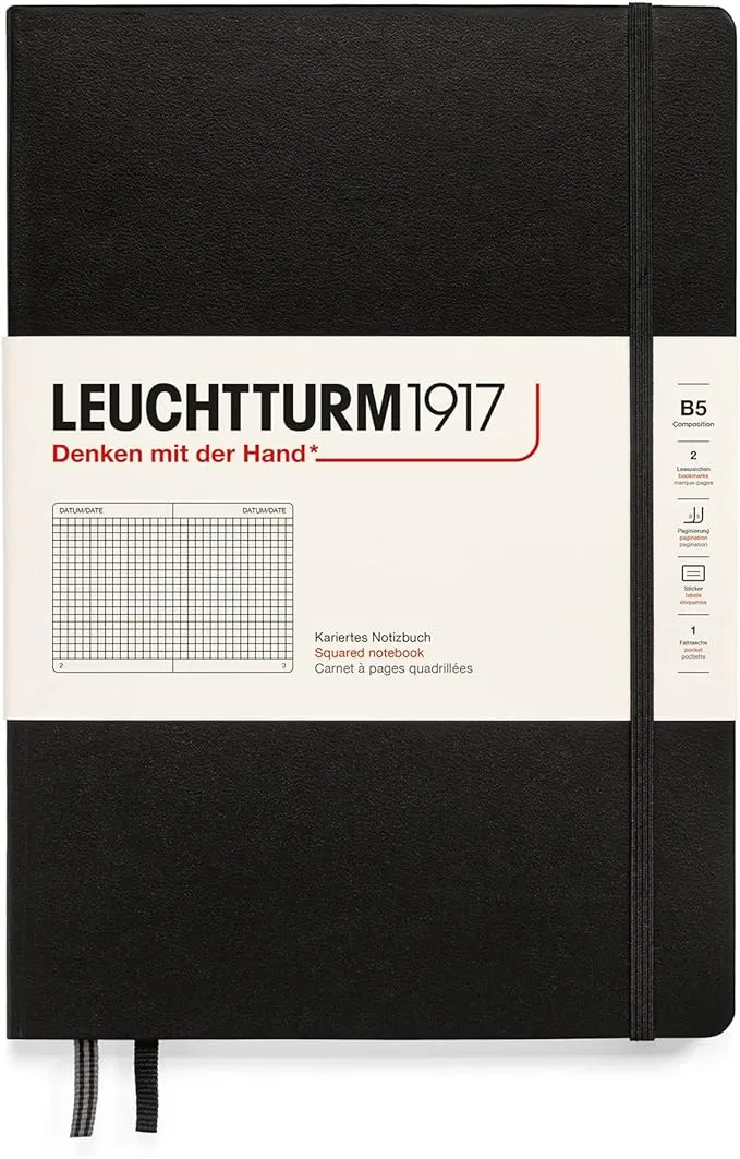 LEUCHTTURM1917 - Notebook Hardcover Composition B5-219 Numbered Pages for Writing and Journaling (Black, Squared)