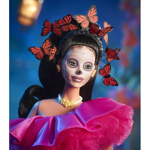 Barbie 2023 Día De Muertos Barbie Doll Wearing Ruffled Pink Gown and Holding Tiny Ofrenda, Barbie Signature