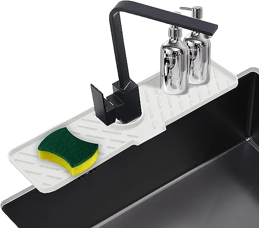 Meiliweser Silicone Sink Splash Guard Faucet Mat with Lock Water Drip Catcher Mat Sink Gadgets-Splash Guard Behind Faucet Drip Catcher for Kitchen, Bathroom,Sink Sponge Holder(Black, 15IN x 5.5IN)