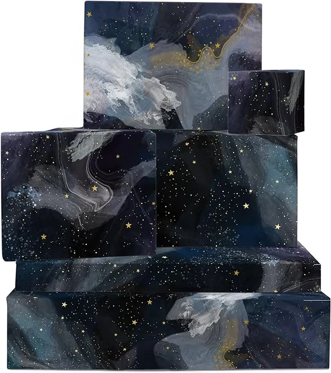 CENTRAL 23 Galaxy Wrapping Paper - 6 Sheets of Birthday Gift Wrap - Space Wrapping Paper - Blue Black - Recyclable - For Birthday Christmas Halloween Thanksgiving