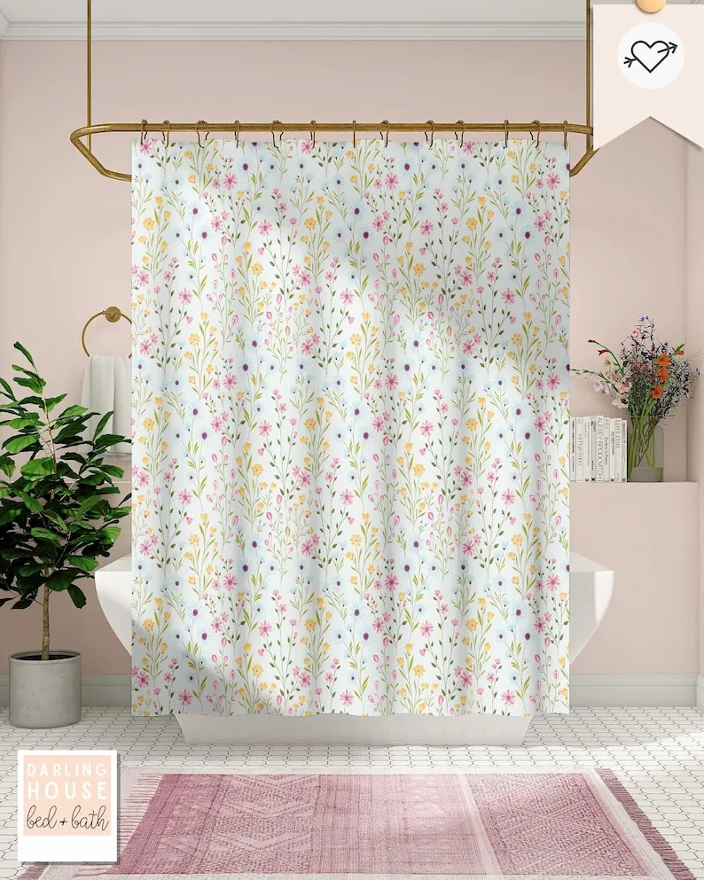 Dainty Floral Shower Curtain | Colorful Blue Wildflower Meadow | Boho Botanical Vintage Bathroom | Minimalist Cottagecore Modern Farmhouse