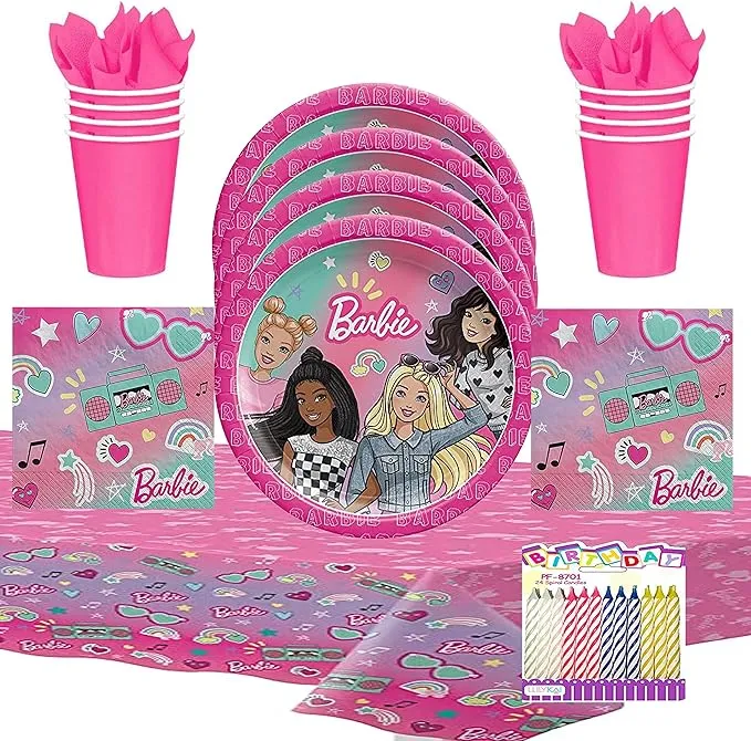 Barbie Dream Together Party Supplies Pack Serves 16: 7" Dessert Plates Beverage Napkins Cups and Table Cover with Birthday CandlesBarbie Dream Together Party Supplies Pack Serves 16: 7" Dessert Plates Beverage Napkins Cups and Table Cover with Birthday C