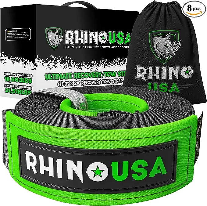 RHINO USA Recovery Tow Strap 3" x 20ft - Lab Tested 31,518lb Break Strength - Heavy Duty Draw String bag Included - Triple Reinforced Loop End to Ensure Peace of Mind - Emergency Off Road Towing Rope