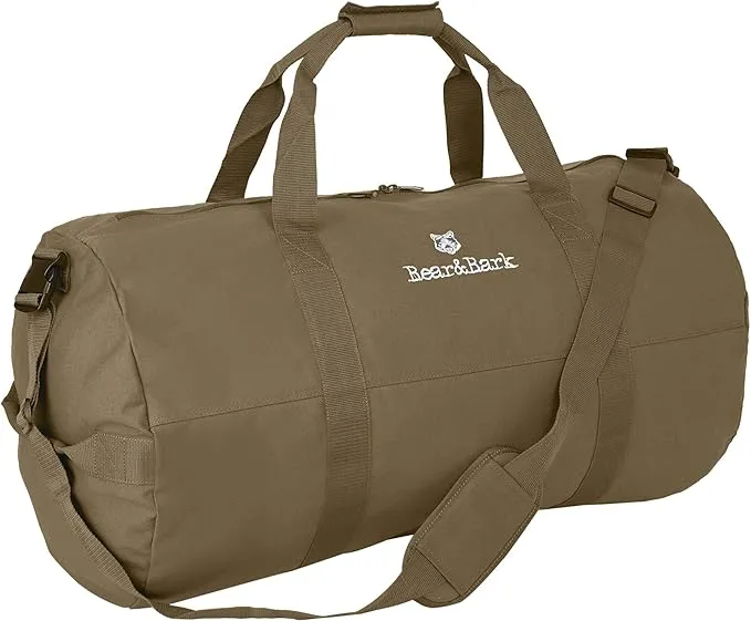 Bear & Bark Large Duffle Bag - Military Green 32”x18” - 133.4L - Canvas Military/Army Cargo Style Travel Luggage - Men/Women Carryall Duffel - Hiking, Student, Backpacking, Storage Shoulder Tote Bag