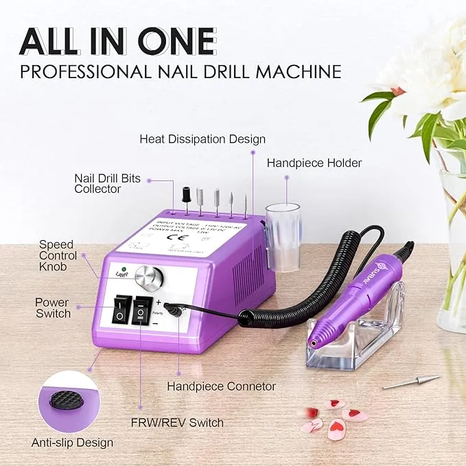 Subay Professional Finger Toe Nail Care Electric Nail Drill Machine Manicure Pedicure Kit Electric Nail Art File Drill with 1 Pack of Sanding Bands