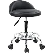 KKTONER PU Leather Round Rolling Stool with Foot Rest Height Adjustable Swivel Drafting Work SPA Task Chair with Wheels (Black)