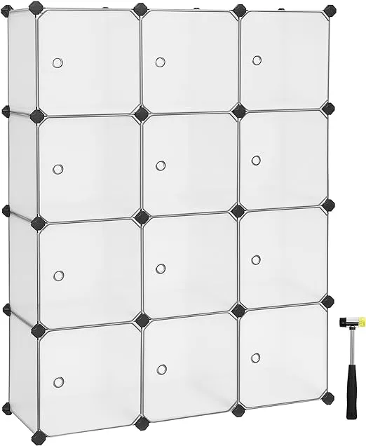 SONGMICS Cube Storage with door, Set of 12 Plastic Cubes, Closet Storage Shelves, DIY Plastic Closet Cabinet, Modular Bookcase, Shelving with Doors for Bedroom, Living Room, White ULPC342W01