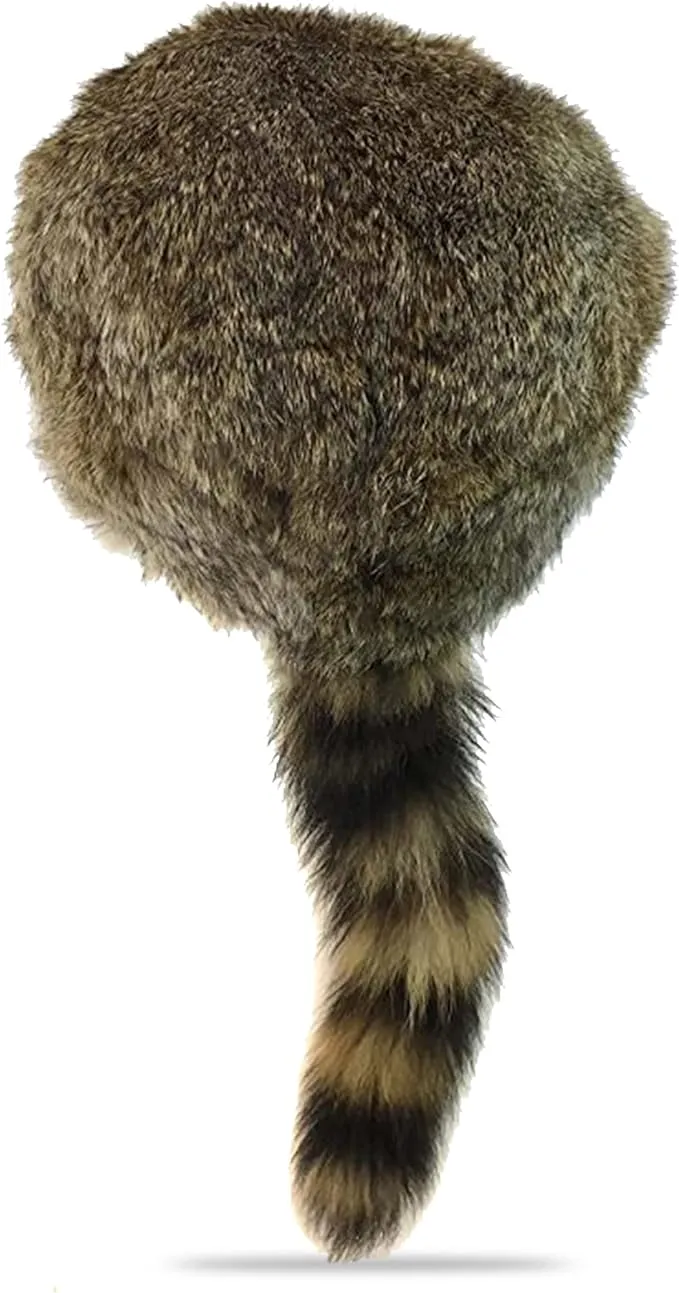 surell Coonskin Davy Crockett Hat - 100% Real Rabbit Fur Hat - Rabbit Fur Crown - Raccoon Tail Hat - Genuine Fur Crown - Unisex Winter Hat for Cold Weather - Brown