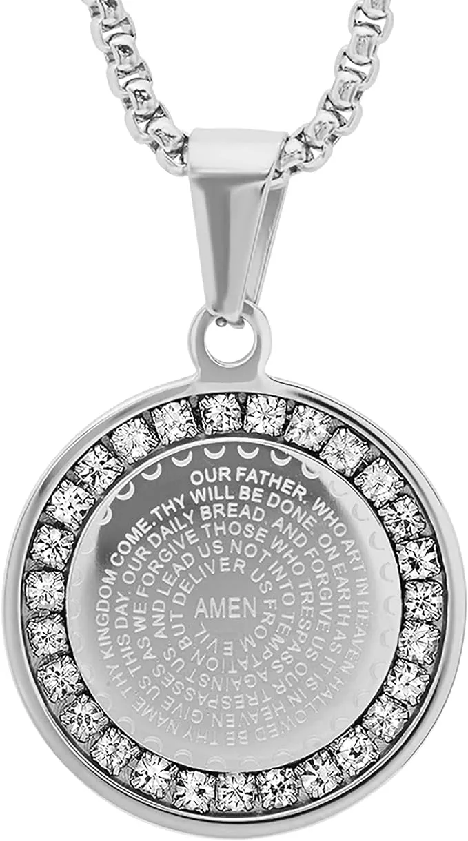 18K Rose Gold Plaed Stainless Steel Lord's Prayer CZ Pendant Necklace