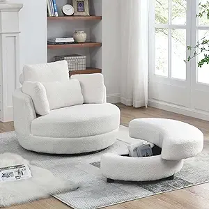 Antetek Swivel Chair with Storage Ottoman, Club 360 Degree Single Swivel Barrel Chair, Modern Leisure Arm Chair with Head & Back Pillows for Nursery, Living Room, Office, Ivory Teddy