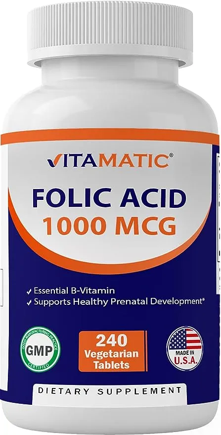 Vitamatic Folic Acid 1000 mcg (1 mg) - Vegetarian Tablets - 1667 mcg DFE - Vitamin B9 (240 Count (Pack of 3))