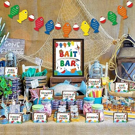 Gone Fishing Bait Bar Bobber Dessert Food Buffet Decoration-Fishing Banner Food Labels The Big One Dessert Table Birthday Party Favor Ideas Supplies Set of 18