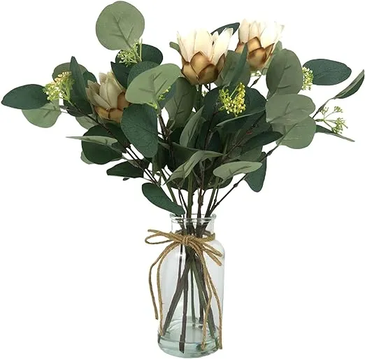 Artificial Eucalyptus Leaves in Glass Vase 16.1&#034; Eucalyptus Leaves Green Bran...