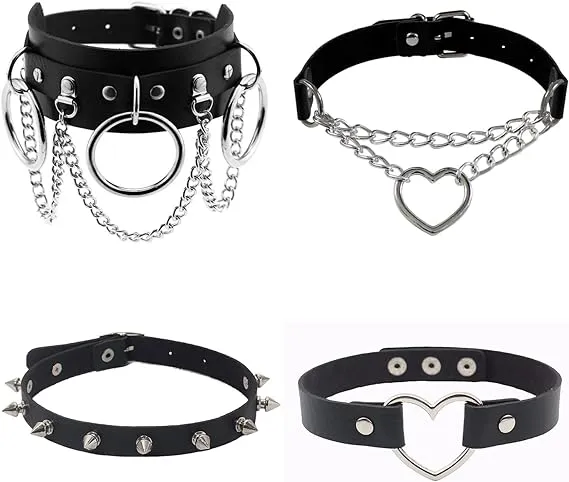 Dumcondy 4pcs Halloween Cool Steampunk Love Heart Shaped Gothic Goth Punk Rock Rivet Spike Studded PU Leather Choker Collar Necklace Sets for Women