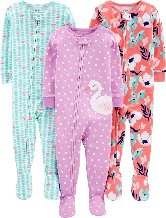 Simple Joys by Carter's Toddler Girls' Snug-Fit Footed Cotton Pajamas, Pack of 3, Animal/Hearts, 3T