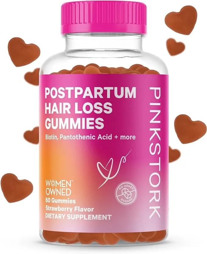 Pink Stork Postpartum Hair Loss Gummies - Biotin with Vitamin E, Pantothenic Acid, B6 & B12 for Beautiful & Strong Hair, Skin, and Nails - Postpartum Essentials for New Moms - 60 Gummy Vitamins