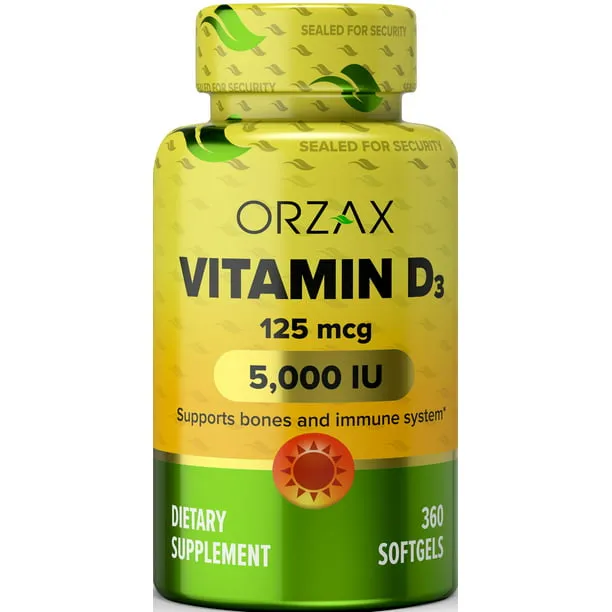 Orzax Vitamin D3 5000 IU (125 mcg) - 1 Year Supply for Strong Muscle Function & Immune Support - Mood Supplement for Wellness (360 Softgel)