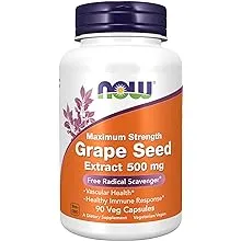 NOW Supplements, Grape Seed Extract, Maximum Strength 500 mg (a Highly Concentrated Extract with a Minimum of 90% Polyphenols), 90 Veg Capsules, Red/Brown, 0.25 pounds