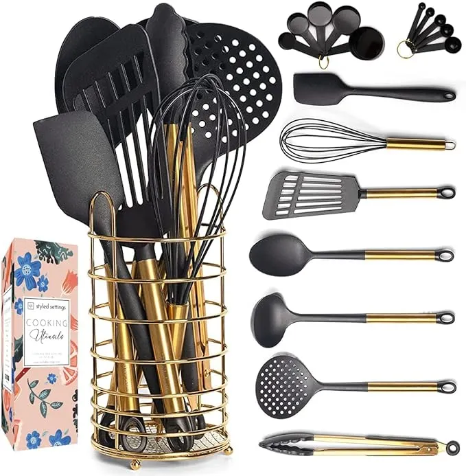 Black And Gold Kitchen Utensils With Stainless Steel Gold Utensil Holder 18 Pc B