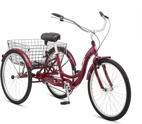 Schwinn Meridian Adult Tricycle Bike, Mens and Womens Three Wheel Beach Cruiser, 26-Inch Wheels, Low Step-Through Frame, Wide Seat, Rear Folding Basket, Single-Speed, Black Cherry