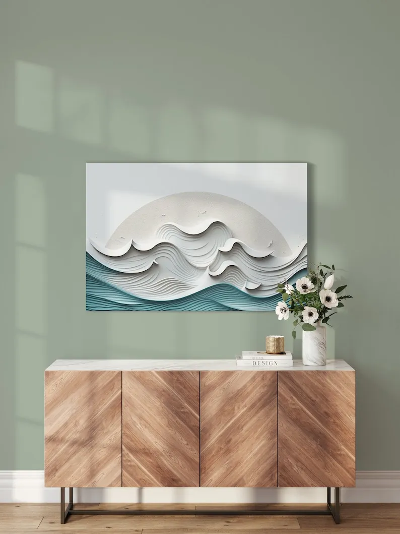 Ocean Waves Wall Art - Minimalistic Decor for Home Decor, Beach House, or Coastal Living Room - Serene Blue Waves on Neutral Background