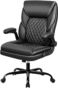 BestEra Office Chair, Executive Leather Chair Home Office Desk Chairs, Ergonomic Computer Desk Chair with Adjustable Flip-Up Arms, Lumber Support Swivel Task Chair with Rocking Function (Black)